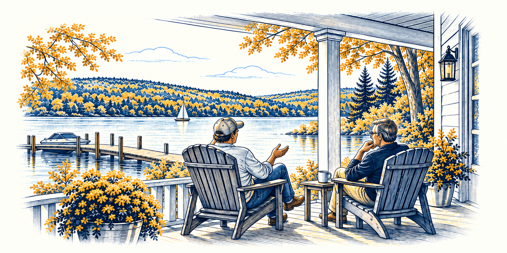Ask Bob lake-life illustration in navy and gold.