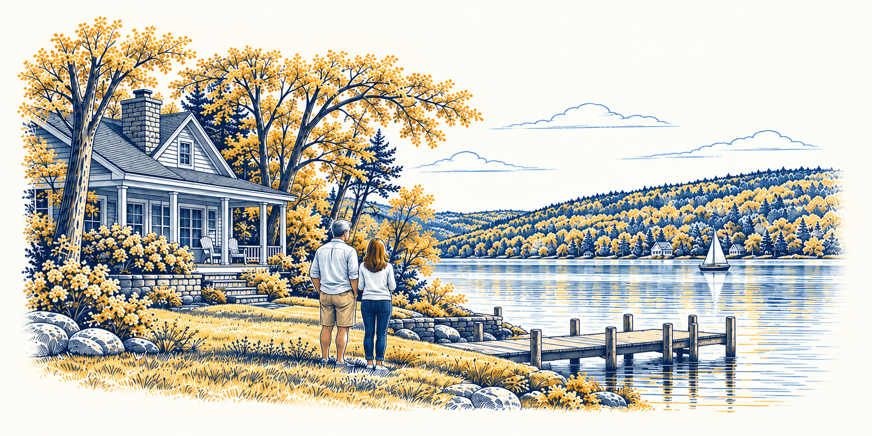 Navy and gold illustration of a couple looking across the water beside a lake cottage and dock.