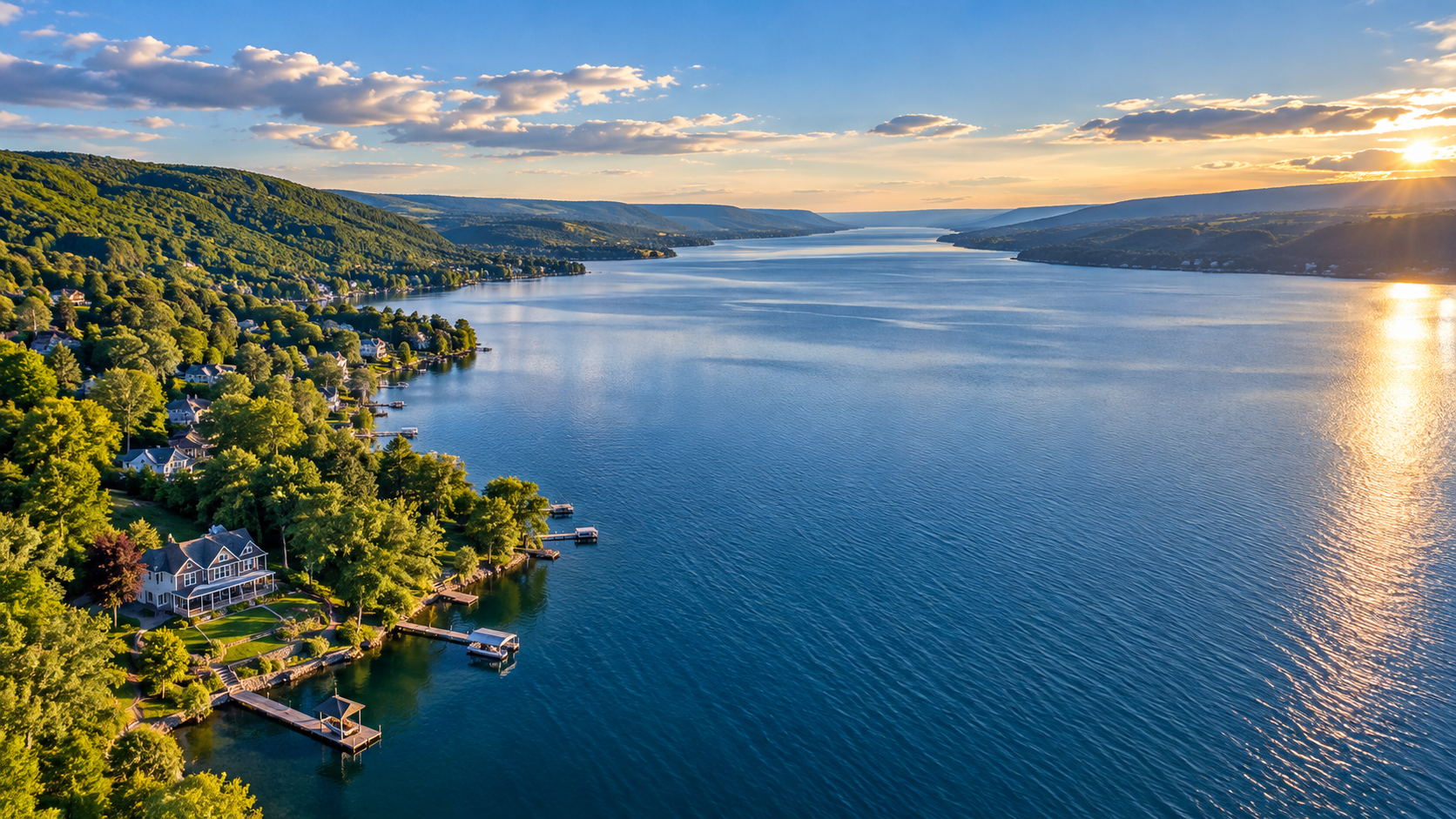 AI-generated scenic illustration inspired by Finger Lakes waterfront homes and wooded shoreline