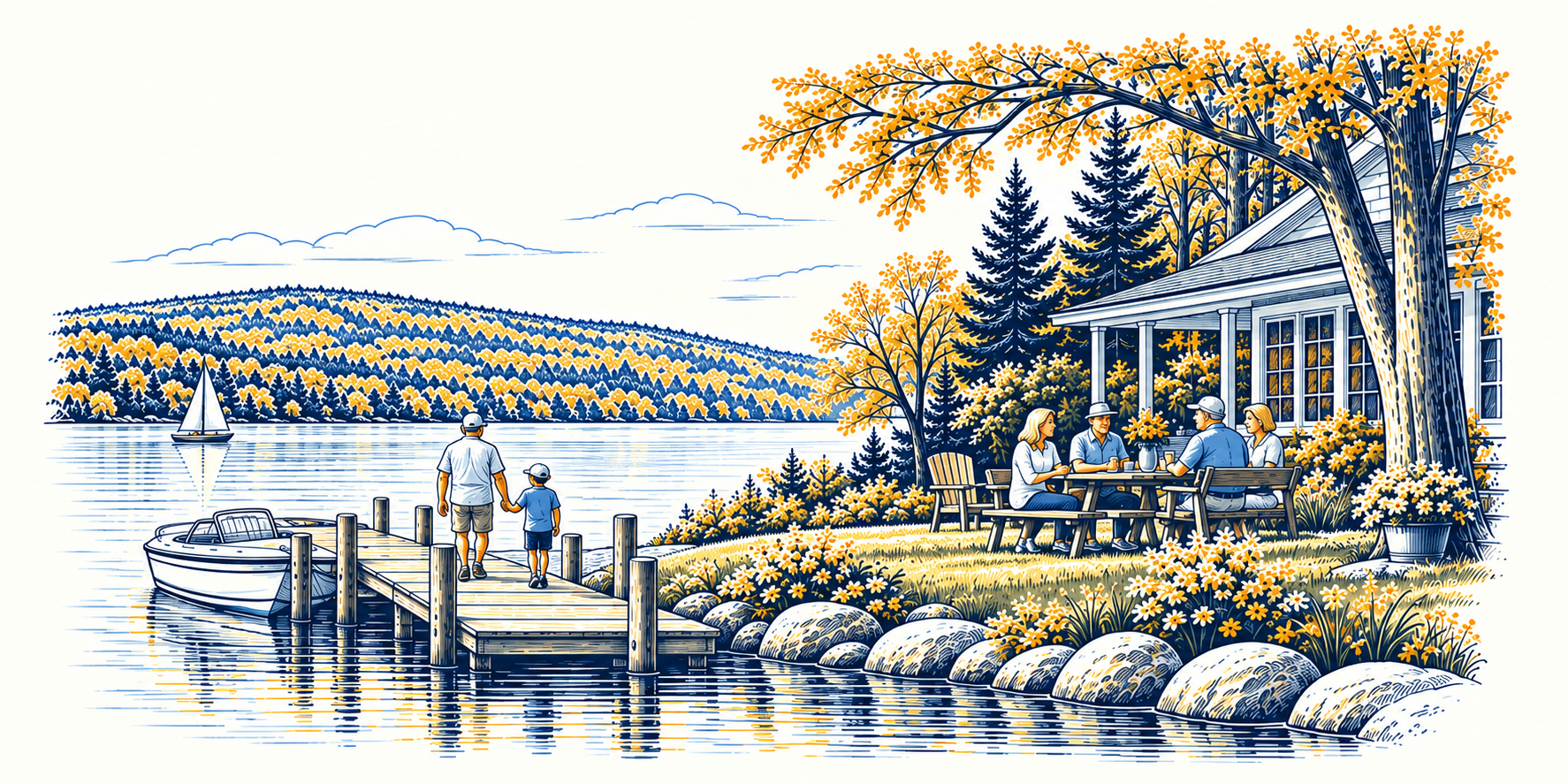 Enjoy lake-life illustration in navy and gold.