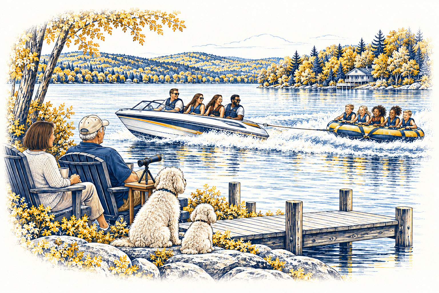 Family lake-life illustration: grandparents and two white dogs on shore beside a telescope, parents in a boat, and five children tubing.