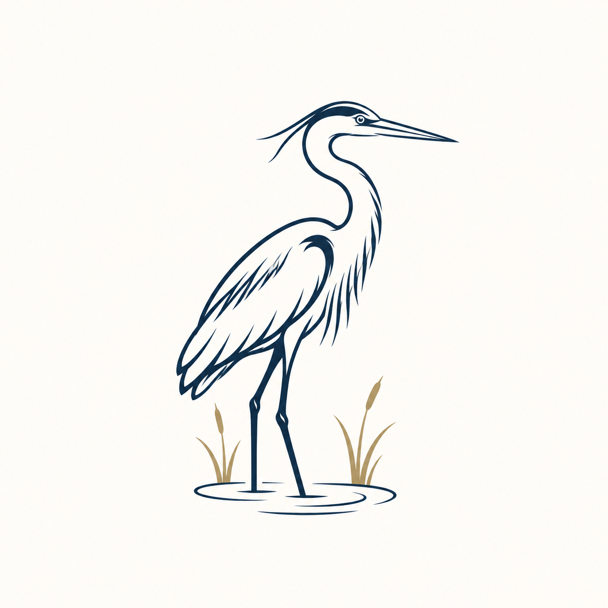 Navy blue heron illustration with gold reeds.
