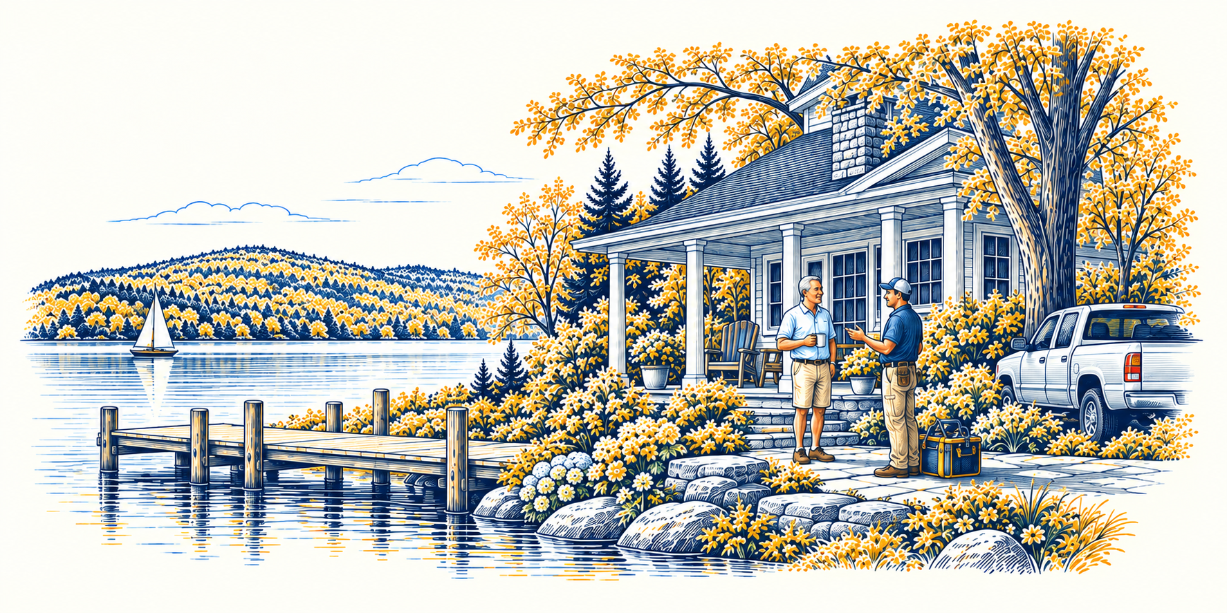Lake List lake-life illustration in navy and gold.