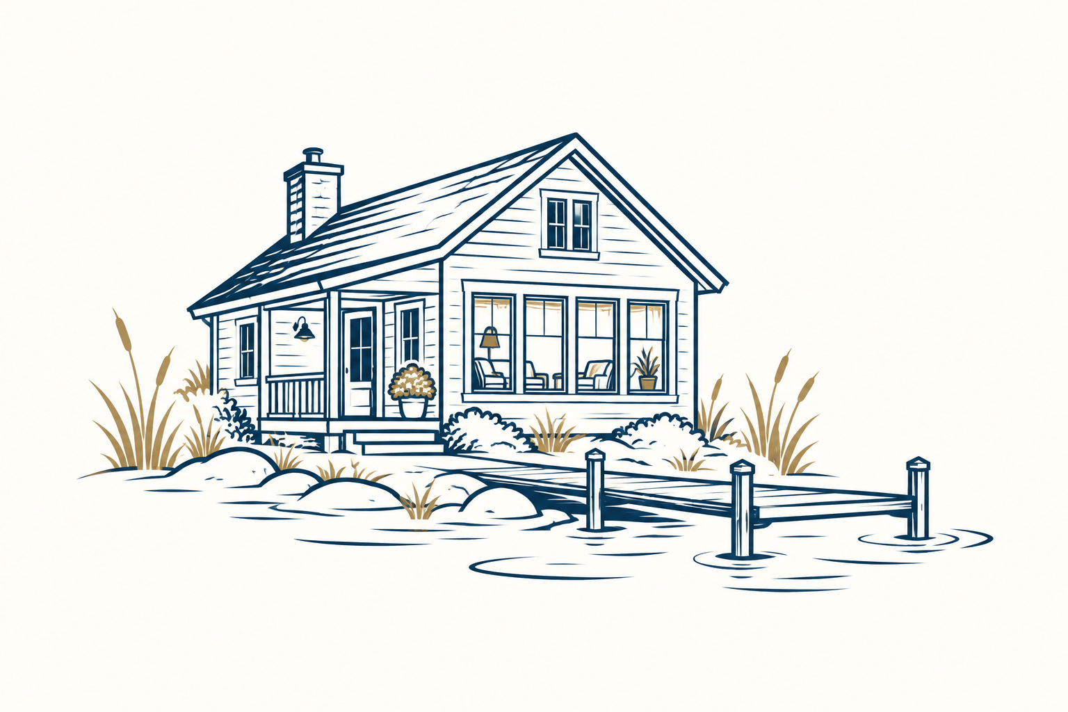 Illustration of a lakeside cottage and dock