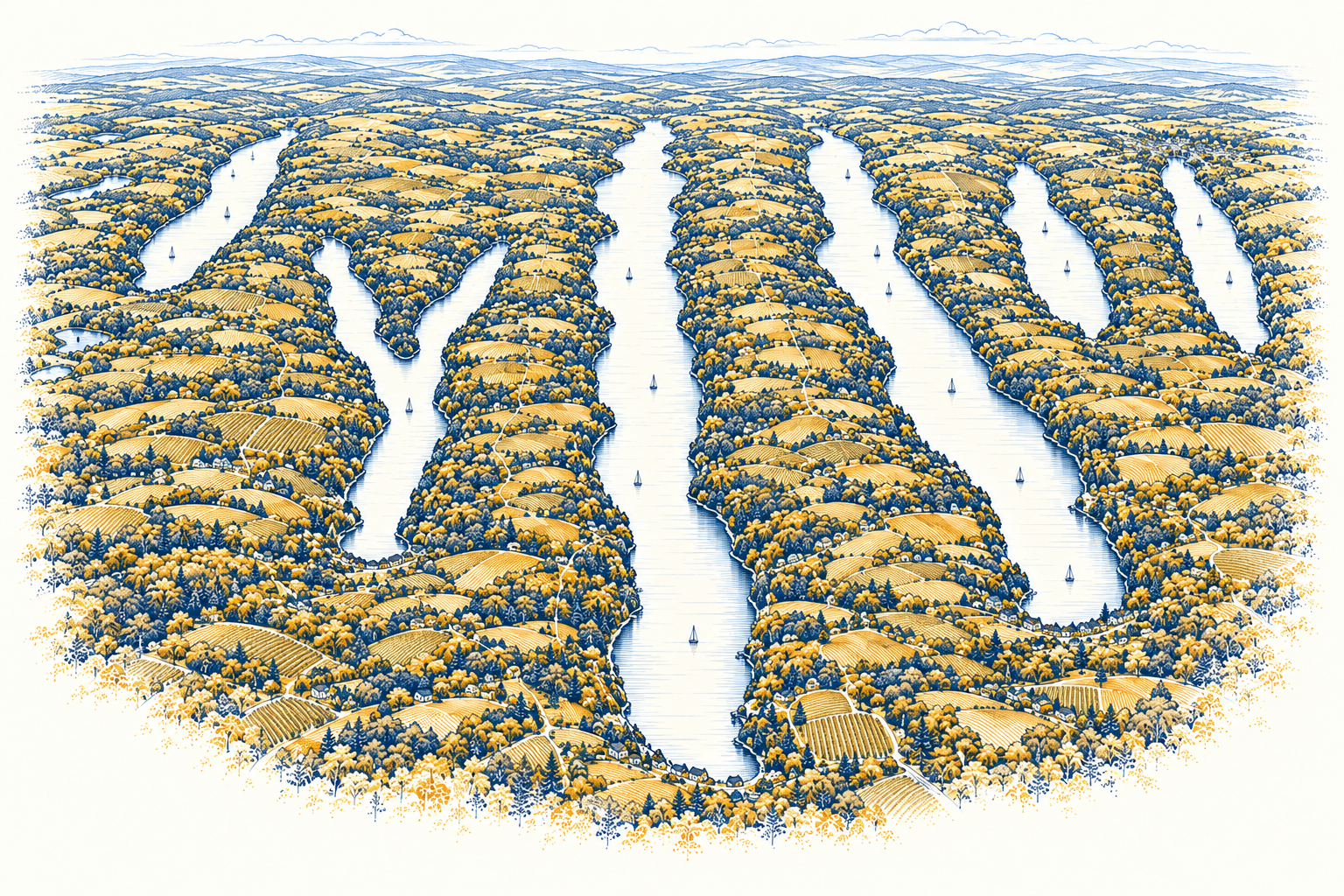 Lakes lake-life illustration in navy and gold.