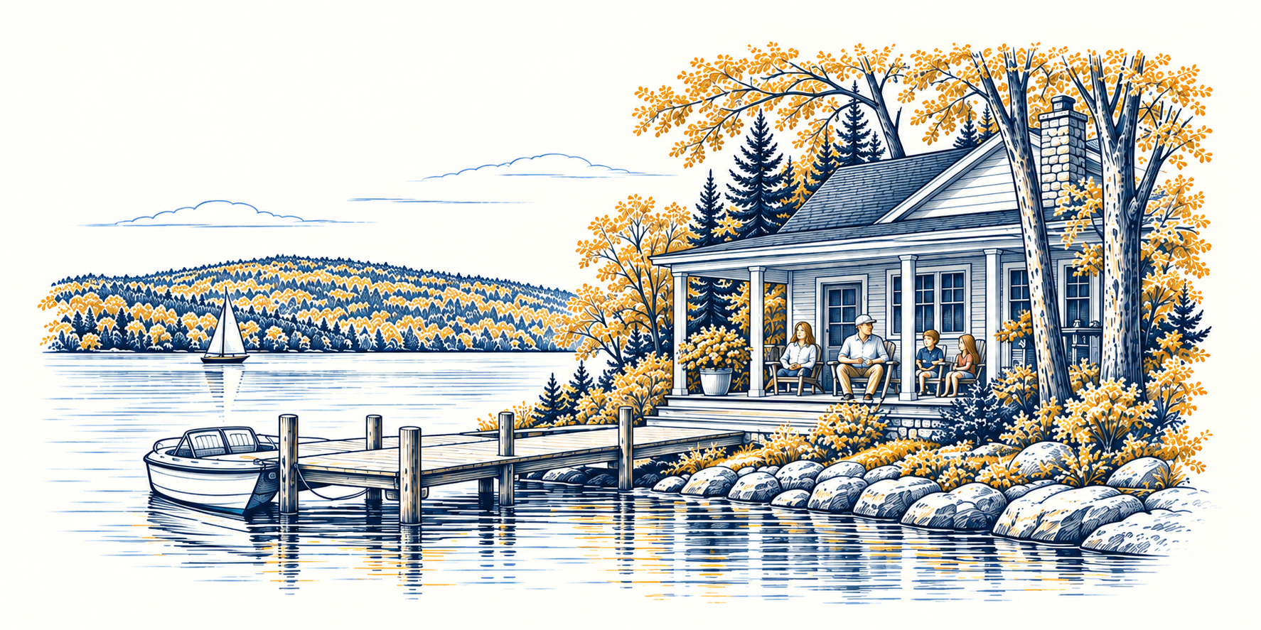 Own lake-life illustration in navy and gold.