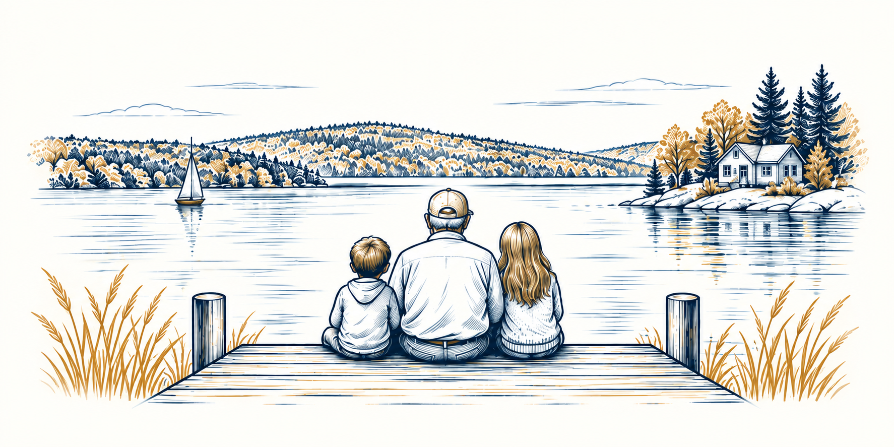 Navy and gold illustration of a family sitting together on a dock overlooking a peaceful lake.