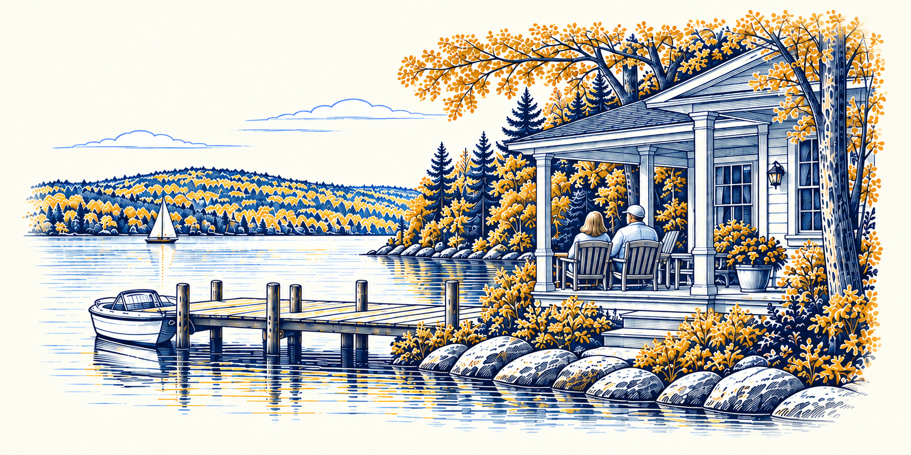 Sell lake-life illustration in navy and gold.